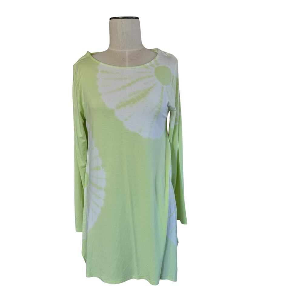 Soft Surroundings Tunic Top Womens M Bright Green Floral Print Long Sleeve Tee